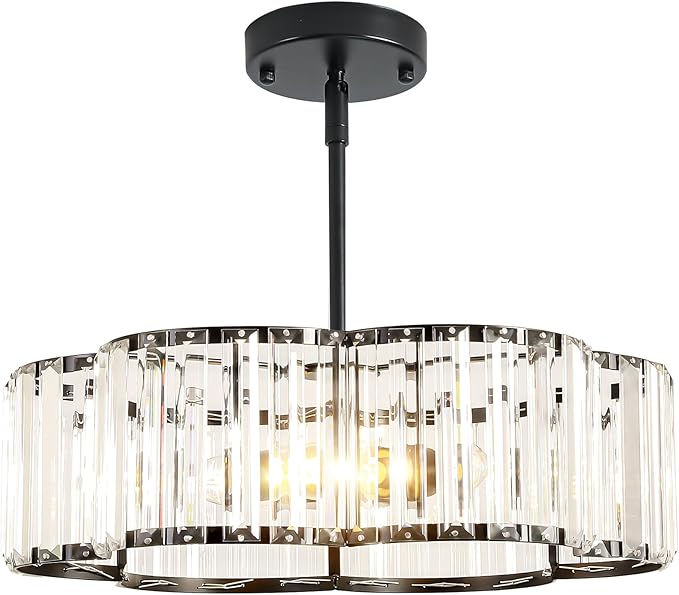 3-Light Black Crystal Chandelier for Dining Room,Modern Semi Flush Mount Ceiling Lighting Fixtures,Round Kitchen Hanging Drum Pendant Lights for Living Room Bedroom Foyer， 16 Inch