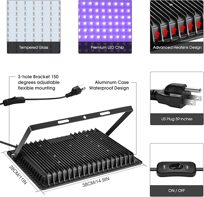 200W 4 Pack LED Black Light, Outdoor Blacklight Flood Lights with Plug and Switch, IP66 Rated for Glow in The Dark, Halloween Party, Body Paint, Aquarium