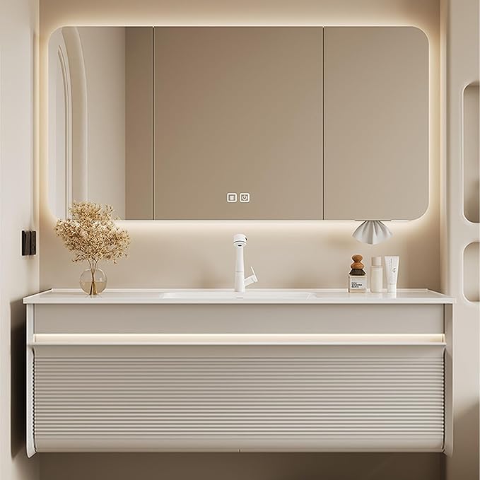 32IN Floating Bathroom Vanity - Modern Freestanding Bathroom Vanity Set with Ambient Light Intelligent Mirror Cabinet & Large Capacity Storage | Bathroom Sink Cabinet with Intelligent Defogging