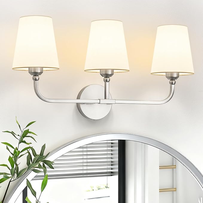 Brushed Nickel Bathroom Light Fixtures,3-Light Vanity Lights,Bathroom Lighting Fixtures Over Mirror with Flared White Fabric Shade,Modern Wall Sconce for Mirror Hallway Bedroom Living Room(ETL Listed)