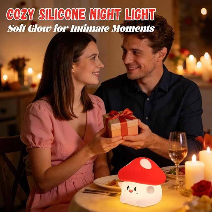 Mushroom Night Light Squishy Lamp, 50Hrs Battery Kids Nightlight, Tap Control, 30Min Auto-Off, Rechargeable Kawaii Bedside Lamp for Girls Room Decor, [Valentines Gifts]