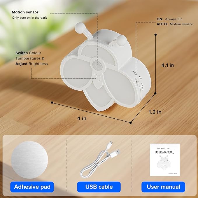 Rechargeable Motion Sensor Night Light for Kids | Warm White & RGB | Cute Bee Design | Magnetic Mount | Indoor Light for Bedroom, Kids' Room, Stair, Bathroom(Pink, 4 Pack)