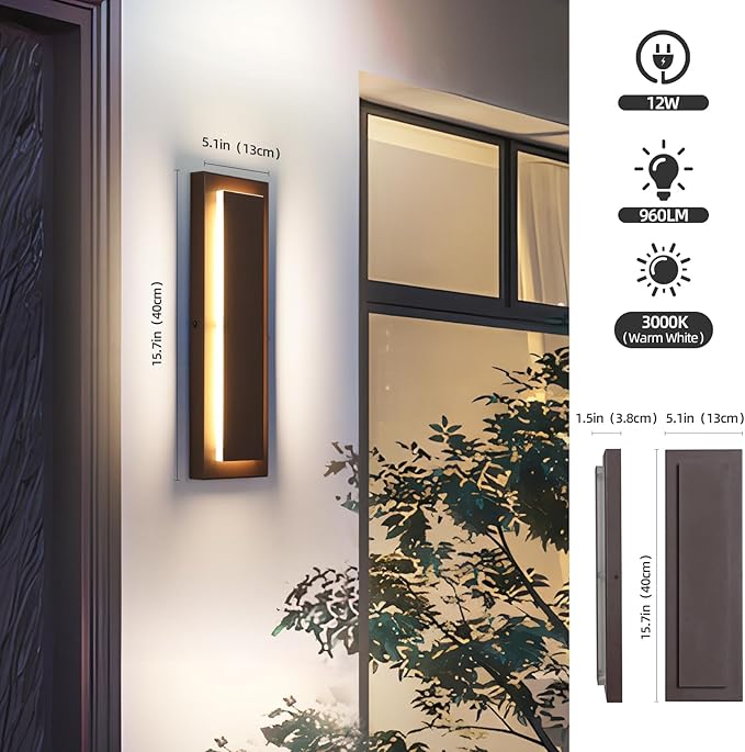 15.7 Inches Brown Modern Outdoor Wall Lights,Long Exterior Lighting Fixtures,Led Sconces Indoor,Long Wall Sconce,Porch Patio Front Door Wall Light Fixture,Waterproof 3000K 12W 1 Pack