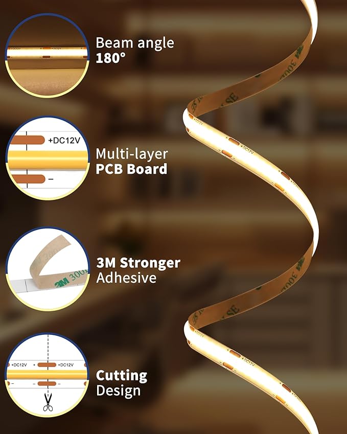 GOOVER COB LED Strip Lights 16.4ft, 3000K Warm White DC 12V Dimmable Tape Light, Ra 95+,150+LM/FT, 2.2W/ft, 1600 LEDs, UL Listed for Cabinets,Bedroom(Power Supply Sold Separately)