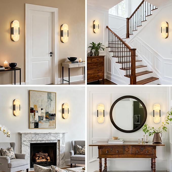 Alabaster Wall Sconce, Modern Natural Marble Wall Sconces for Indoor Lighting, 13.8 in Black Wall Lights for Bathroom Dining Room Stairs Bedroom (1-Pack)