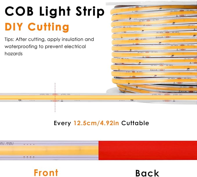 110V COB LED Strip Light - 65.6ft/20m 3000K Warm White IP65 Waterproof Light Strip High-Density 5920LEDs Cuttable Tape for Indoor Ceiling Commercial House Outdoor Garden Terraces DIY Lighting Projects
