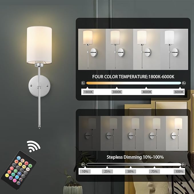 Battery Operated Wall Sconces Set of Two,Wireless Rechargeable Wall Light With Remote Control, Dimmable, Amber Light/Warm White/Natural White/Daylight/RGB,Timer,for Living Room,Bedroom,Entryway,Chrome