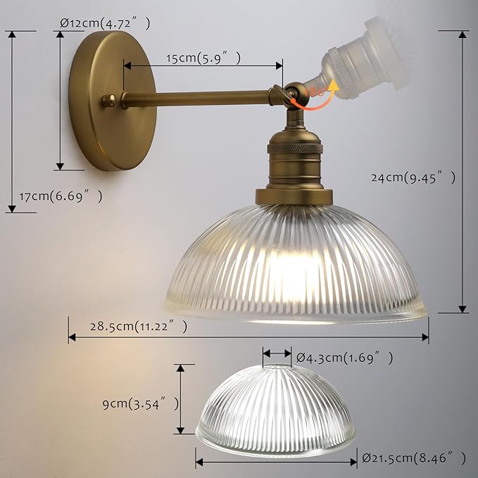 Pathson Battery Operated Wireless Wall Sconce, Rechargeable Modern Wall Vanity Light, Striped Glass Bowl Lampshade, Remote Dimmable Wall Lighting Indoor Led Wall Lamp Fixture for Bedroom Living Room