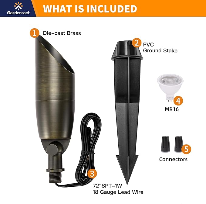 Gardenreet All Brass Landscape Lighting - LED Low Voltage Spotlights Outdoor, 12V Wired Uplights, Spot Lights Waterproof, Bronze for Outside Trees with 5W 2700K Warm White MR16 Bulb (4 Pack)