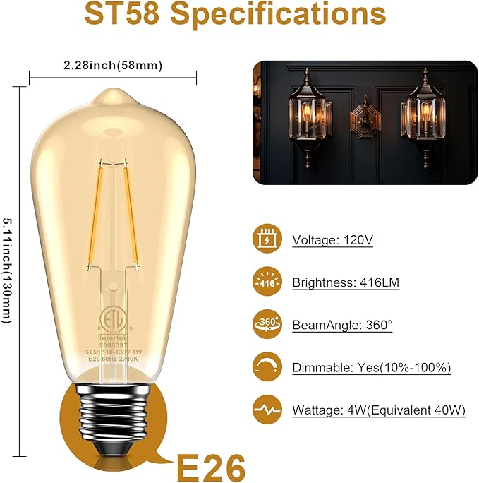 ASOKO ST58 Antique LED Filament Light Bulbs, LED Dimmable Edison Light Bulbs 4W, 2700K Warm White (Amber Glass) E26 Base Pack of 6