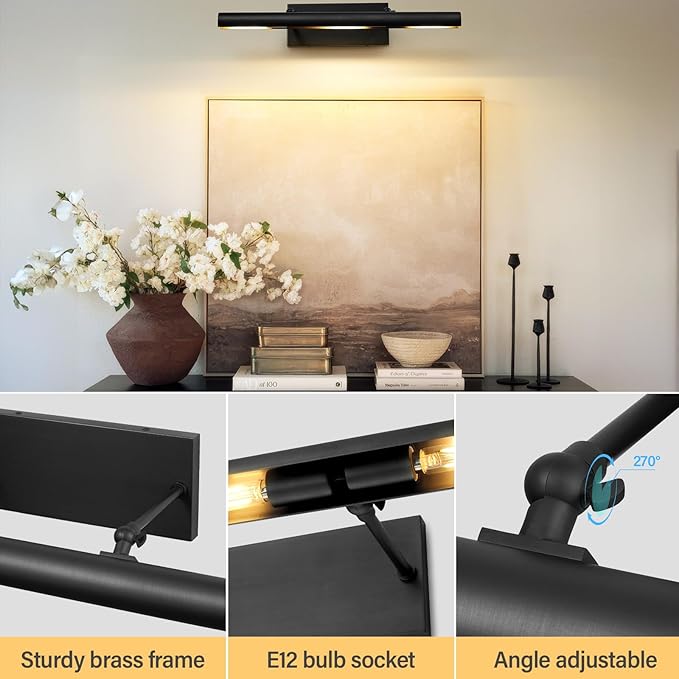 Art Picture Frame Wall Light: 24" Black Dimmable Vintage Artwork Brass Painting Spotlight - Hardwired Swing Arm Rotatable 3 Lights over Pictures - Linear Accent Lighting above Photo for Gallery Museum