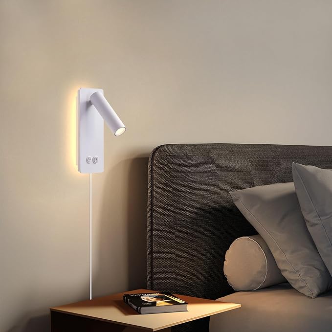 Dimmable Wall Lamps Wall Mounted Reading Lights for Book at Night, Plug in Hardwire 2 in 1 Sconces, 6W Night Light & 3W Headboard Lights, Adjustable Wall Sconces for Study Bedside Closet Dorm (White)