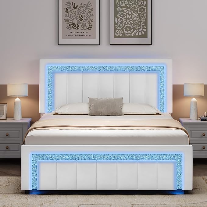 HOMBCK Queen Bed Frame with LED Lights and Velvet Upholstered Headboard, Bed Frame Queen Size with Modern Diamond Headboard Adjustable, Wooden Slats Support, Noise Free, No Box Spring Needed, White