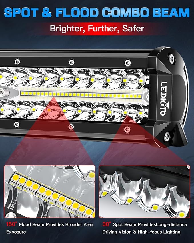 12 Inch LED Light Bar and 2PCS 4 Inch LED Pods with Rocker Switch 3 Lead Wiring Harness Kit Triple Row Off Road Lights bar Spot Flood Combo Light Bar for UTV Truck Tractor Boat