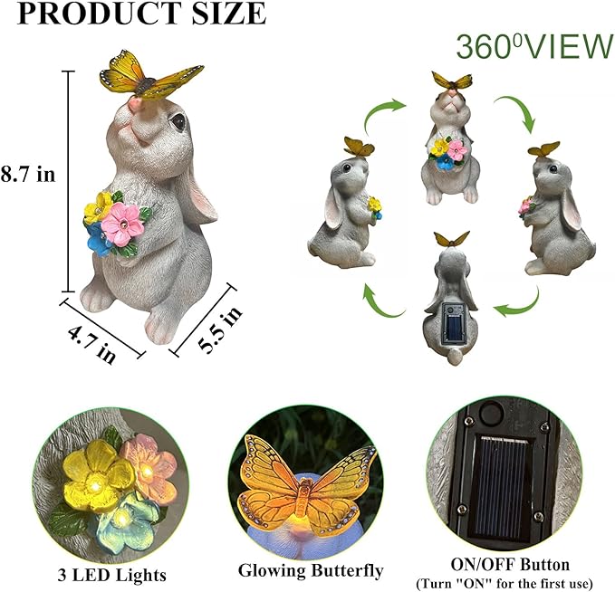 YODY Solar Garden Statues Outdoor Decor- Yard Decorations for Patio, Balcony, Backyard, Lawn Ornaments - Rabbit Figurines with LED Light- Unique Birthday House Warming Gifts for Women, Mom, Grandma