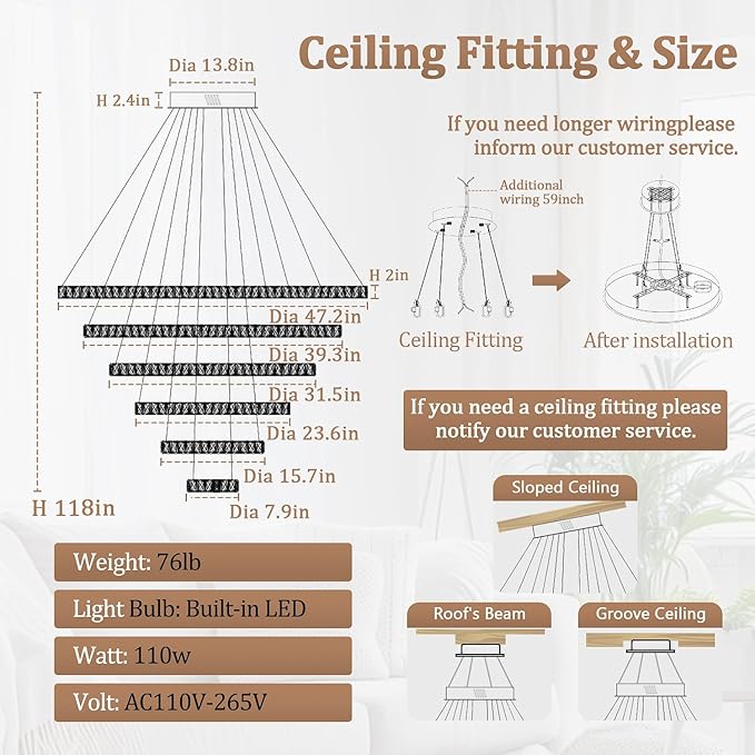 Flashing God Modern 6 Ring Crystal Chandeliers for High Ceiling Large Foyer Chandeliers LED Dimmable Crystal Ceiling Light Fixtures for Entryway Living Room Staircase Sliver