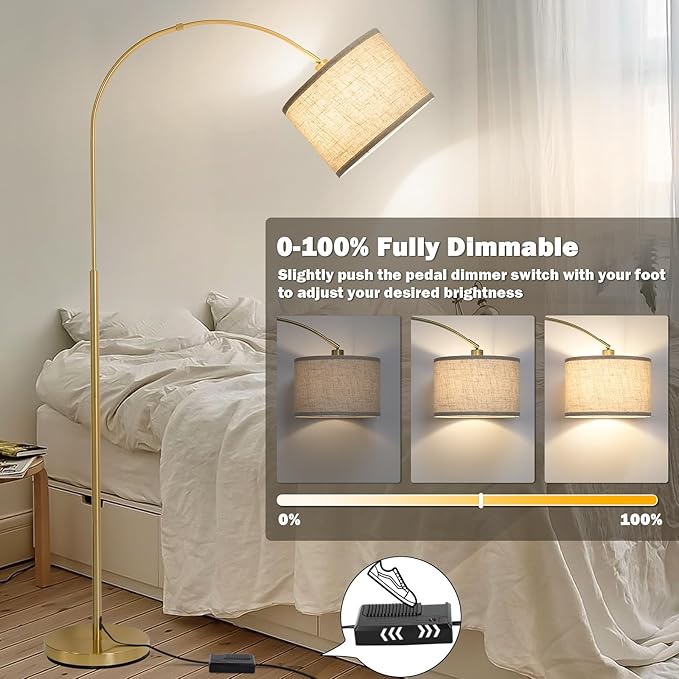 Gold Arc Floor Lamp, Dimmable Floor Lamp for Living Room, Mordern Standing Light with Adjustable Lamp Head, Tall Pole Lamp Over Couch Arched Light for Reading, Bedroom, Office, 9W LED Bulb Included