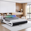Keyluv Upholstered Queen LED Bed Frame with Headboard, Modern Low Profile Platform Bed with Strong Slats Support, Faux Leather Wave-Like Bed Frame, Easy Assembly, No Box Spring Needed, Blackwhite