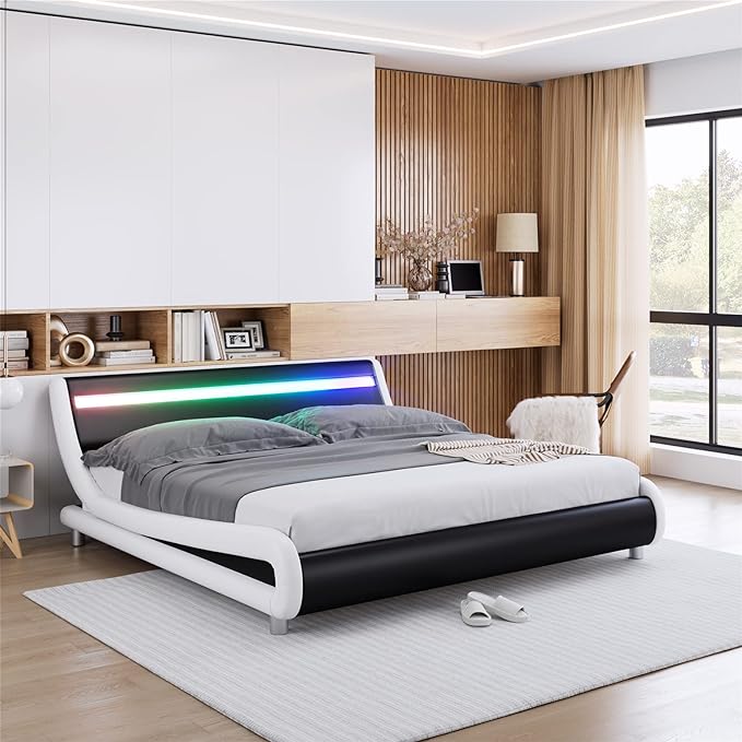 Keyluv Upholstered Queen LED Bed Frame with Headboard, Modern Low Profile Platform Bed with Strong Slats Support, Faux Leather Wave-Like Bed Frame, Easy Assembly, No Box Spring Needed, Blackwhite
