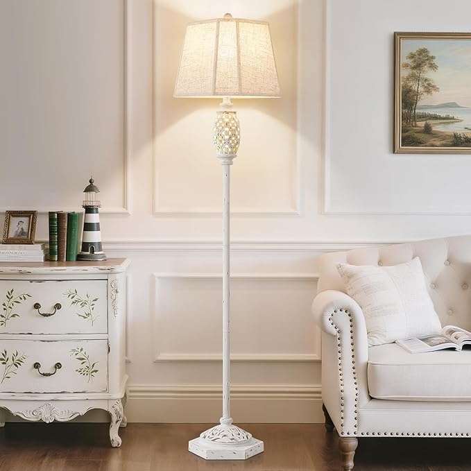 Luvkczc Rustic Floor Lamp with Floral Cutouts & Light, Vintage Farmhouse Style Standing Lamp Resin Floor Lamps for Living Room, Bedroom,Study (Bulb Included)