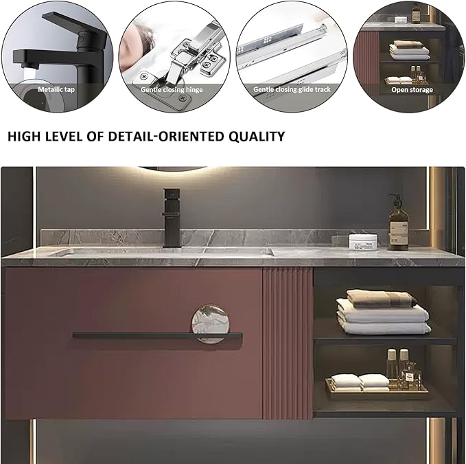 Bathroom Vanity with Sink - Extended Metal Handles & Side Cabinets with Ambient Lighting | Large Storage Space, Floating Wood Bathroom Vanities Sink Set (36'')