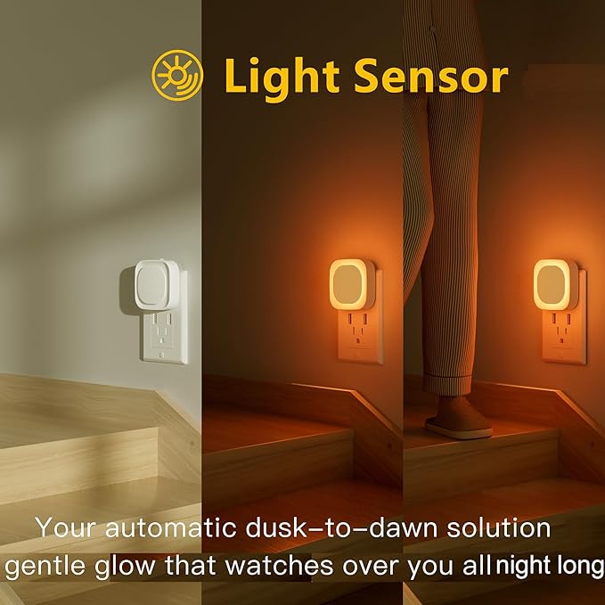 4 Pack Plug in Amber Night Light, Auto Dusk to Dawn, Soft Glow, Dimmable, Diffused Light, LED Lights for Bedroom, Kids, Bathroom, Sleep, Baby Nursery, Toddler, Hallway, Kitchen, Home Decor