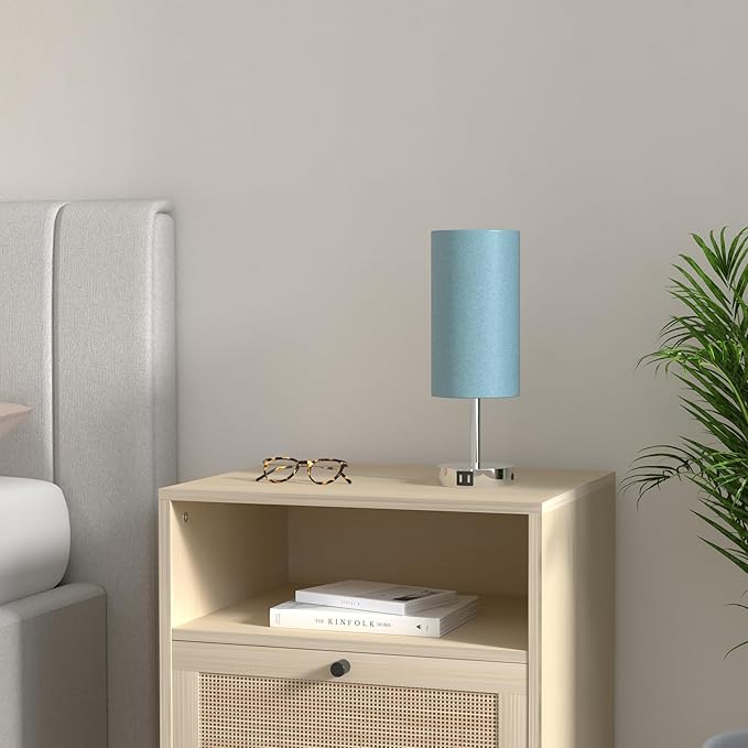 Yarra-Decor Bedside Lamp with USB Port - Touch Control Table Lamp for Bedroom 3 Way Dimmable Nightstand Lamp with Round Denim Fabric Shade for Living Room, Dorm, Home Office (LED Bulb Included)