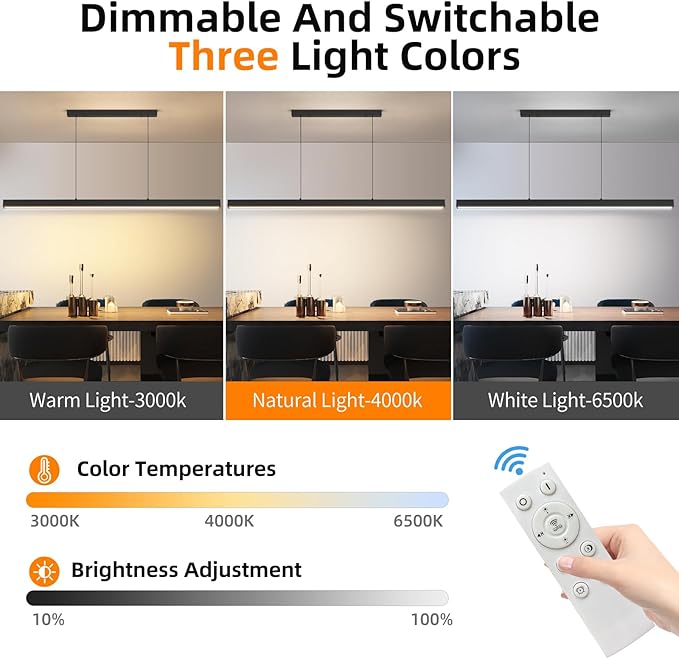 Modern LED Linear Pendant Light, 39IN Ceiling Chandlier Light Fixtures Hanging with Remote Control 3000k-6500K Adjustable Color Temperature Island Light for Dining Room, Kitchen