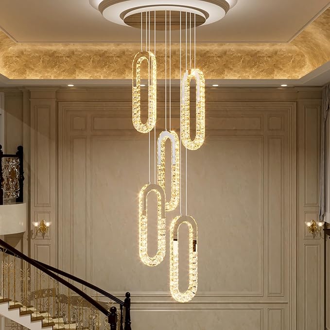 5-Lights Modern Crystal Chandelier for High Ceiling LED Dimmable Ring Pendant Chandeliers Stairwell Chandelier Lighting Silver