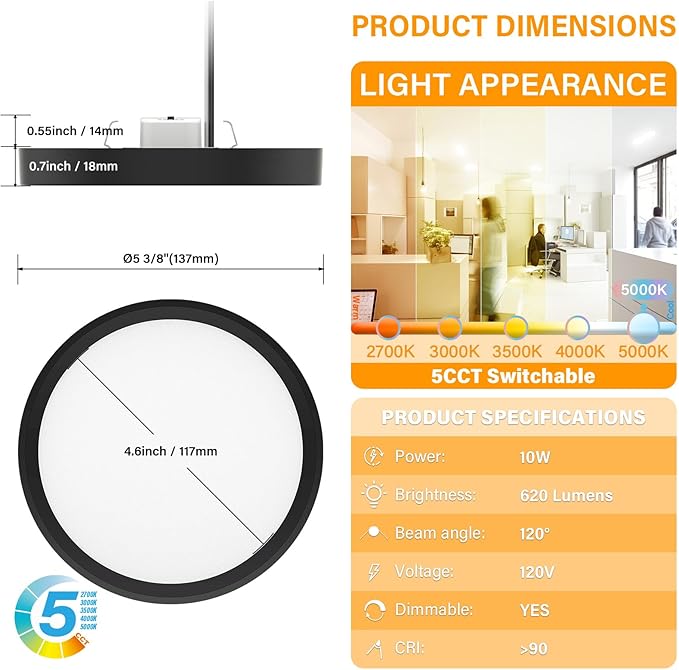5 Inch Black Flush Mount Ceiling Light 5CCT Selectable LED Edgelit Slim Surface Mount Downlight for J-Box, Mini Flat Panel Light, Dimmable, 120VAC, 10W, 600LM, CRI90, ETL, Wet Rated, 12 Packs