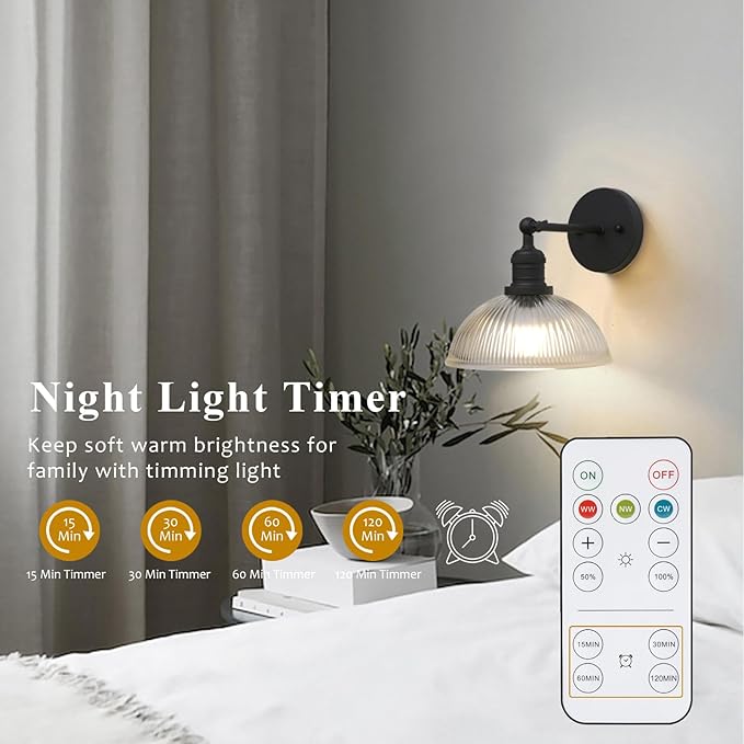 Pathson Battery Operated Wireless Wall Sconce, Rechargeable Modern Wall Vanity Light, Striped Glass Bowl Lampshade, Remote Dimmable Wall Lighting Indoor Led Wall Lamp Fixture for Bedroom Living Room