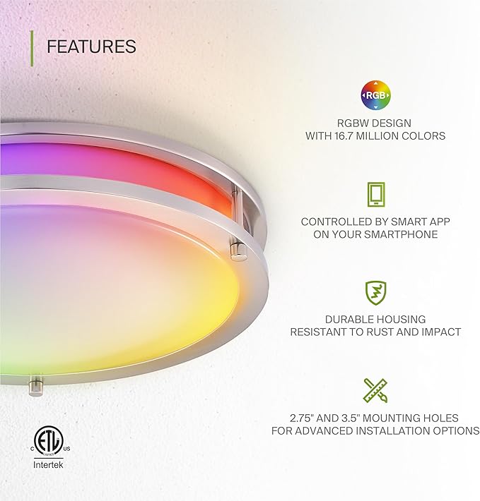 ASD LED 14" Round Flush Mount Lighting, Close to Ceiling Light Fixture | Smart, Multicolor, Dimmable, ETL Listed | 21W 1430LM RGB-2700-6500K 120V | Low Profile Double Ring Lamp | Nickel, 4 Pack