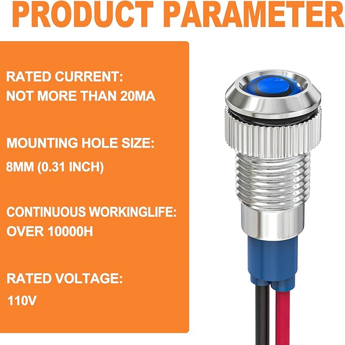 GASHER 5 PCS Energy Saving Indicator Light, LED Light 12V/24V/110V 20mA Panel Mount Light, Mounting Hole Size 8mm(5/16inch) Blue LED (110V)