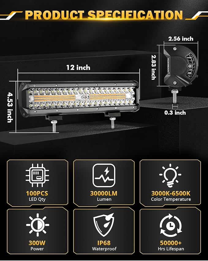 Auxbeam 12 Inch LED Light Bar, 6 Modes Strobe Amber Pod Lights Yellow Fog Light Dual Color Spot Flood Offroad Driving Lights, Memory Function LED Work Lights for Truck Car ATV