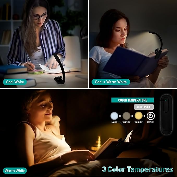 Rechargeable Book Reading Light at Night in Bed, Eye Caring 9 LED with 9 Color Temperatures, Stepless Dimming Brightness, Clip on Book Light, Prefect Elegant White Gift for Book Lover. (Black 2pcs)