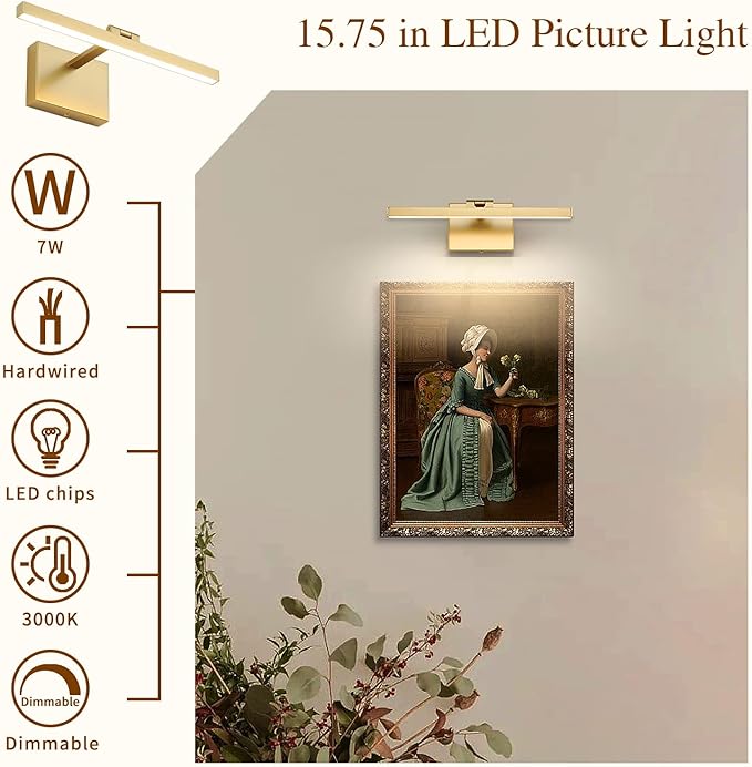 Joosenhouse Hard Wired Picture Light Gold Modern Picture Lights for Paintings 300 Lumens Brightness Adjustable Swing Arm Wall Lamp Dimmable Accent Lighting 110V AC