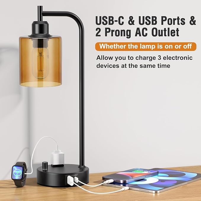 Industrial Bedside Lamps for Nightstand Set of 2 - Fully Dimmable Bedroom Lamps with USB A C Ports and Outlet, Black Table Lamps with Amber Glass Shade for Living Room, Desk Lamps for Office Reading