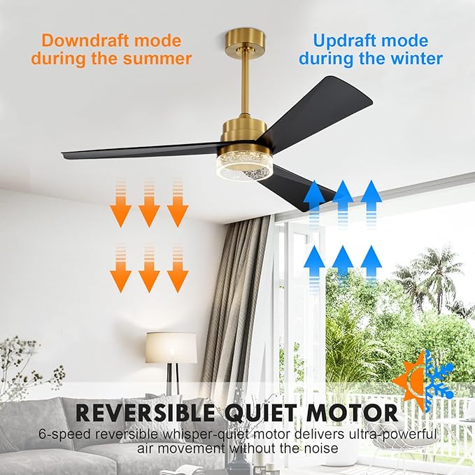 WINGBO 52" DC Ceiling Fan with Lights, 4000K LED Ceiling Fan with Clear Bubble Acrylic Shade, 3 ABS Plastic Blades, 6 Speed Reversible DC Motor, Brass and Black Ceiing Fan for Indoor and Outdoor