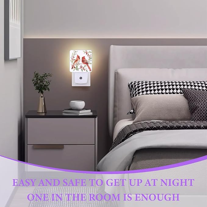Red Cardinal Bird Night Light,Watercolor Night Lights Plug into Wall,Led Lamp for Stairway/Hallway/Bedroom 0.5W Nightlight Sleep Friendly