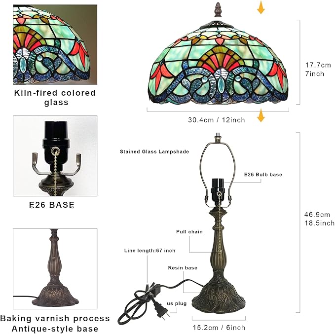 Stained Glass Table Lamp,12x12x19 Inch Antique Table Lamp for Tiffany Style Bedroom、Living Room、Home、Office Decor Lamp (Baroque)
