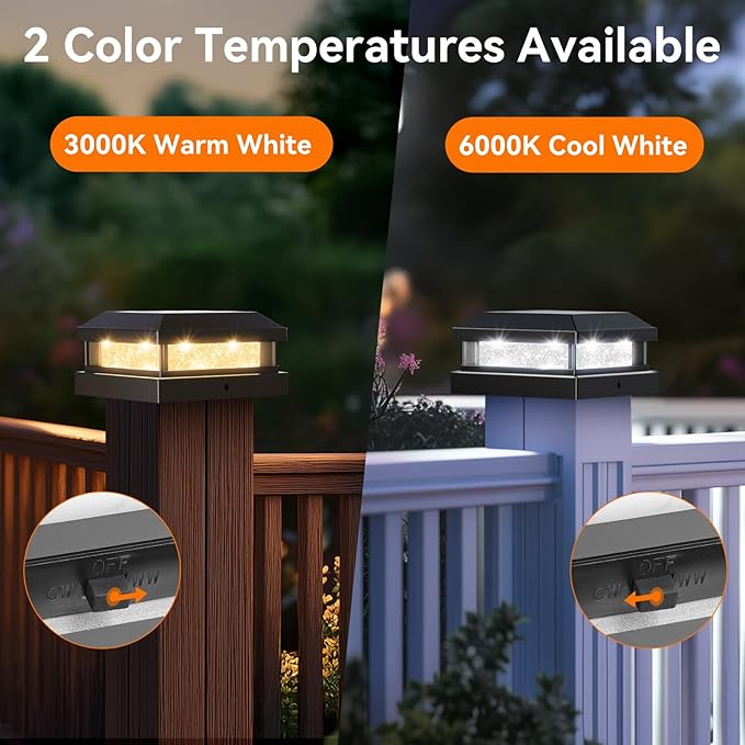 Solar Post Cap Lights Outdoor 6 Packs, Waterproof Solar Powered Deck Post lights for 4x4 4.5x4.5 5x5 Wooden/Vinyl, Black Fence Lights with 16LEDs Warm White/Cool White for Outdoor Decoration