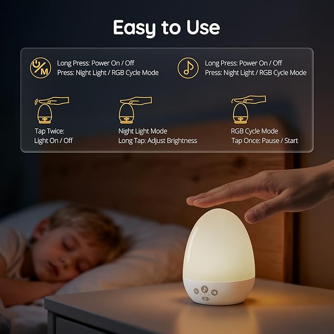 JolyWell Night Light for Kids, Egg Light for Nursery, Sound Machine for Sleep, Stepless Dimming, USB-C Rechargeable, Baby Night Light for Nursery & Bedroom