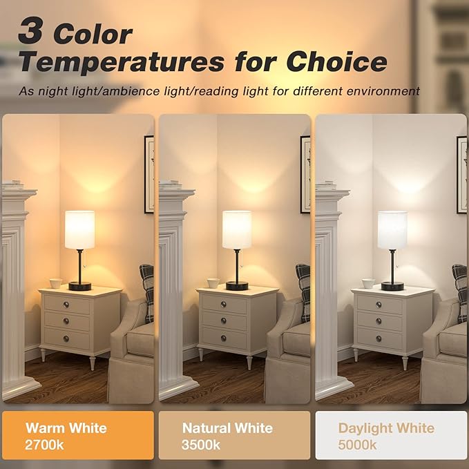 Small Bedside Lamps 3 Color Modes - Off White 3000K 4000K 5000K Bedroom Lamps with USB C and A Ports, Pull Chain Table Lamps with AC Outlet, Nightstand Lamps with Black Metal Base for Kids Reading