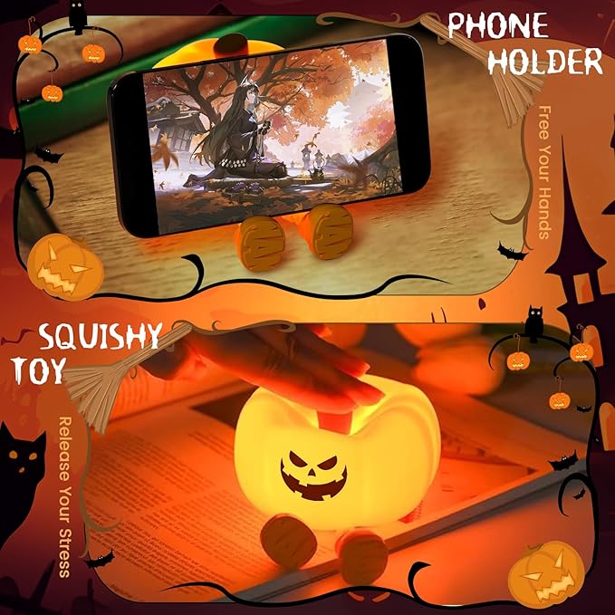 Evil Smile Pumpkin Night Light, Cute Halloween Fall Decor, Rechargeable Dimmable Squishy Lamp, Langling Feet As Phone Holder, Led Light Up Vegetable, Bedside Touch Lamp, Dorm Room Light