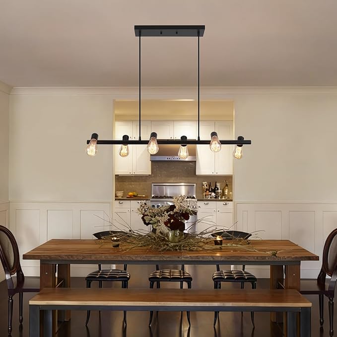 Black Dining Room Light Fixture Over Table, 6-Light Modern Linear Chandelier Farmhouse Rustic Lighting with Adjustable Height Metal Industrial Island Lights for Kitchen Living Room