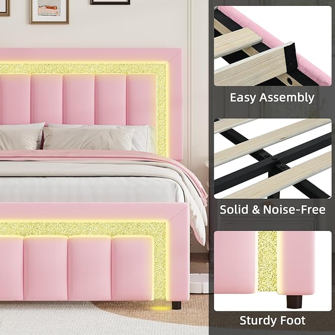 HOMBCK Bed Frame King with LED Lights and Velvet Upholstered Headboard, King Size Bed Frame with Modern Diamond Headboard Adjustable, Wooden Slats Support, Noise Free, No Box Spring Needed, Pink