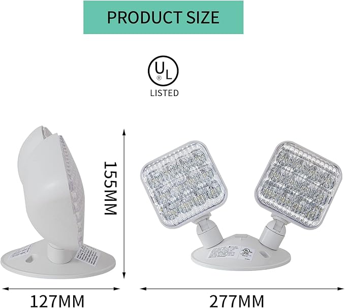 CM MZY Emergency Remote Head Lighting, Double Head Emergency Light, UL Listed, Multi Voltage 3.6 to 24 Volt Input, 2 by 3 Watts, 2 by 180 Lumen, Square，1 Pack