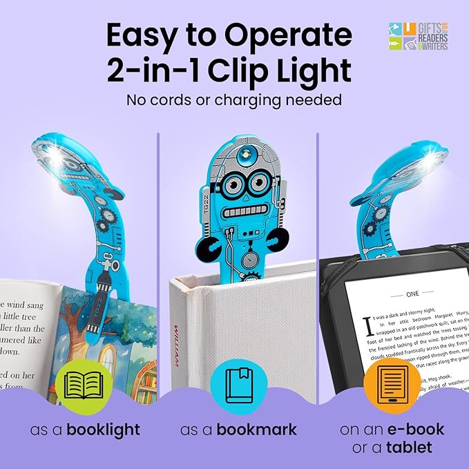 Gifts for Readers & Writers Bookmark Reading Light Robot Blue - 2in1 Clip On Bookmark Kids Light for Reading in Bed, Travel Cute Lights, 8 Lumen LED