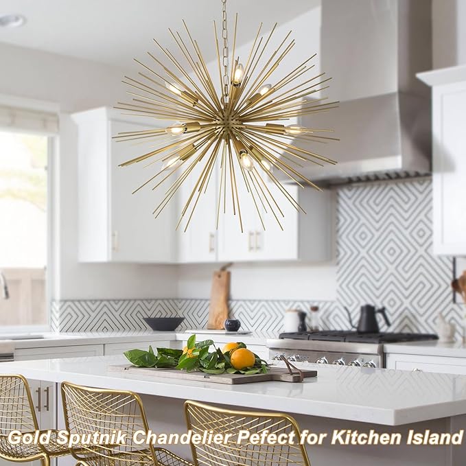 Modern 28.34" Golden Sputnik Chandelier Modern 9-Lights Geometric Starburst Chandelier Solid Metal Gold Sputnik Chandeliers for Dining Room, Kitchen, Bedroom, Living Room, E12