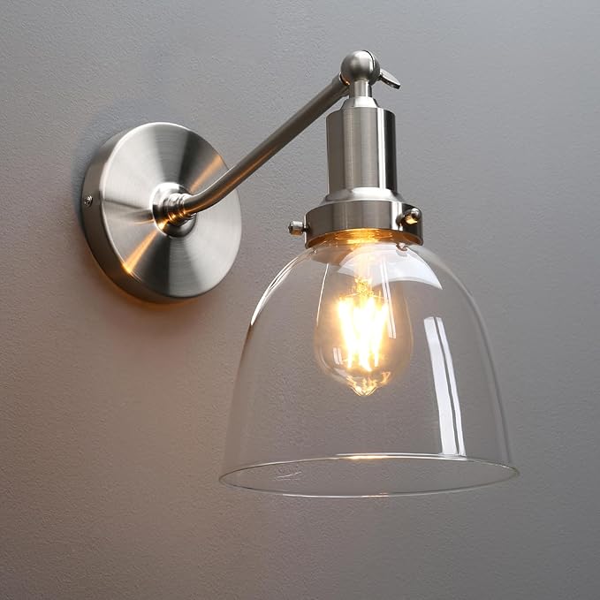 PERMO Industrial Vintage Slope Pole Wall Mount Single Sconce with 6.7" Oval Dome Clear Glass Shade Wall Sconce Light Lamp Fixture (Brushed Nickel)